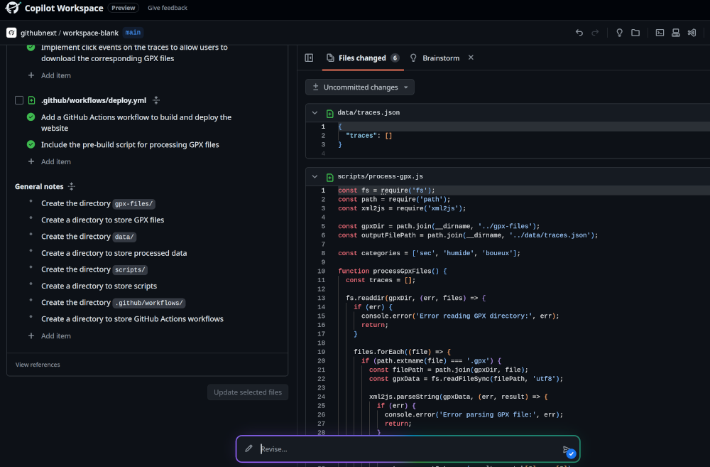 The plan, with actions to accomplish on the left. Code generated automatically on the right.