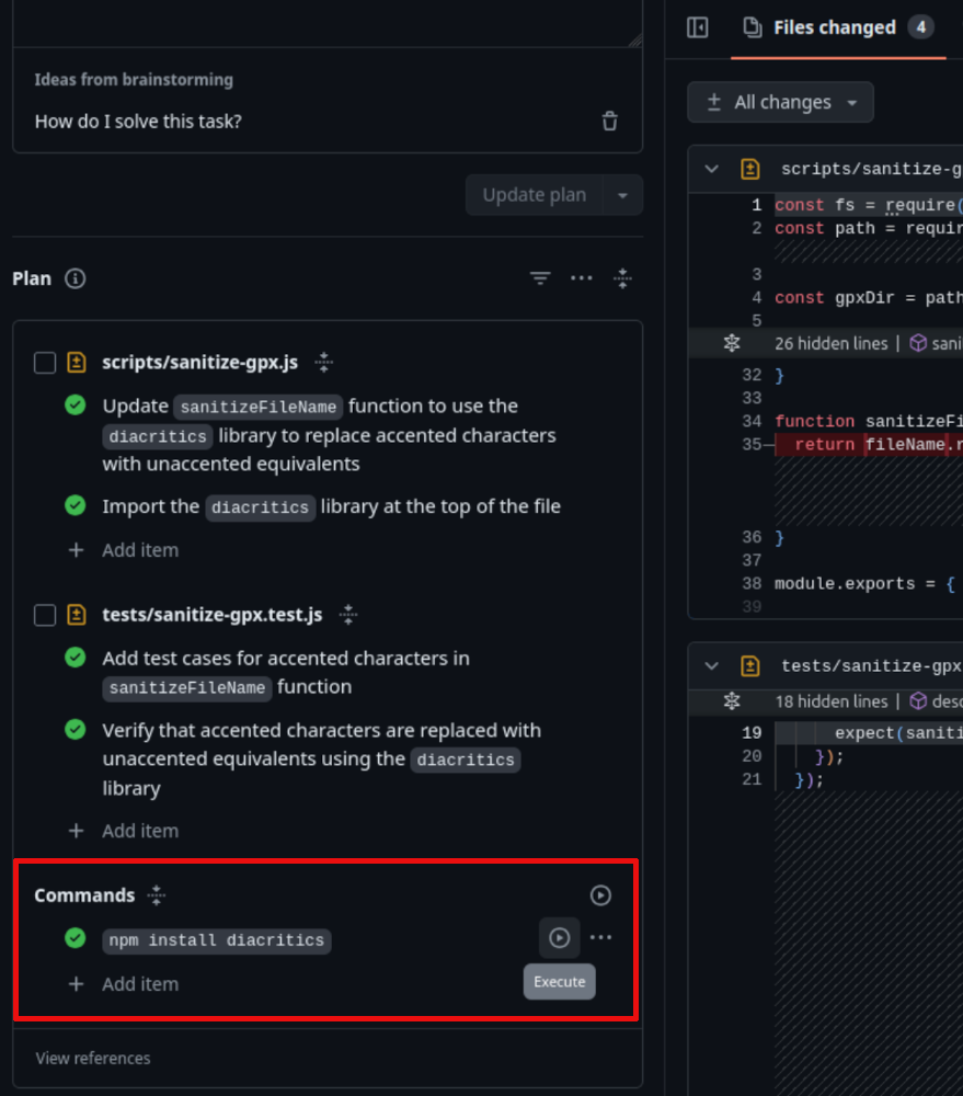 La section 'Commands' liste les commandes à exécuter manuellement, et cela peut s'exécuter directement dans le Terminal de Copilot Workspace