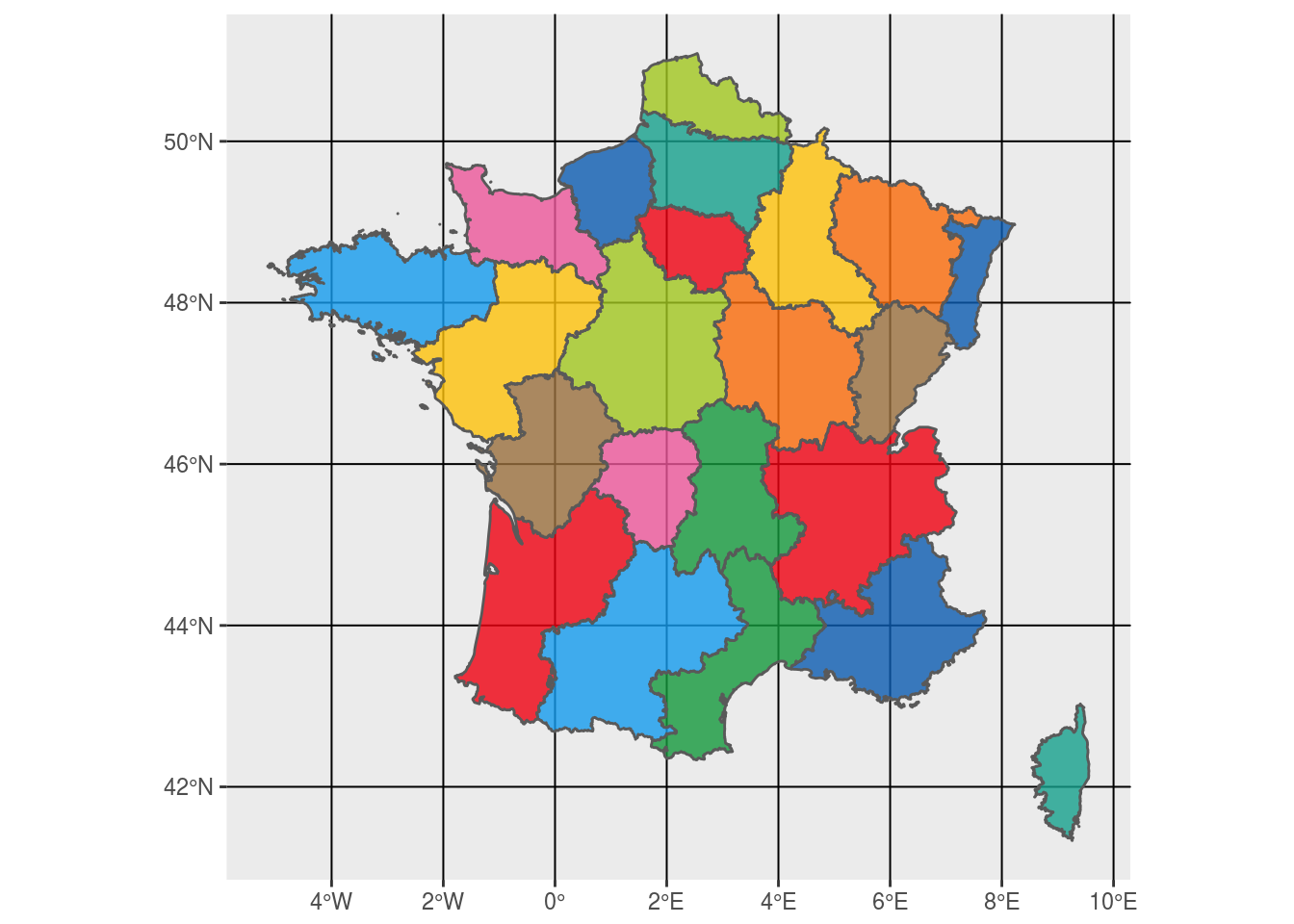 French regions colored using rstat and library sf