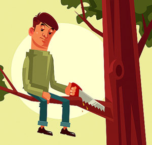A man sawing off the branch he is sitting on